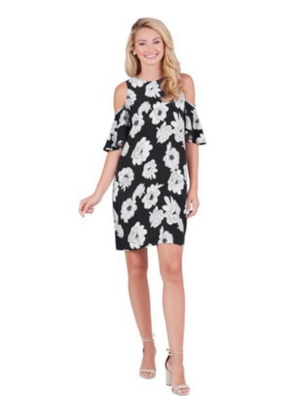 Mud Pie Black & White Cold-Shoulder Floral Dress